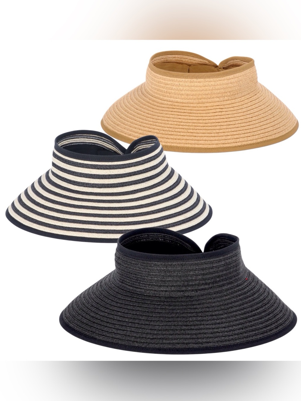 Pack of 3 Women's Wide Brim Packable straw Visors Tan, black Stripe & Black NWT